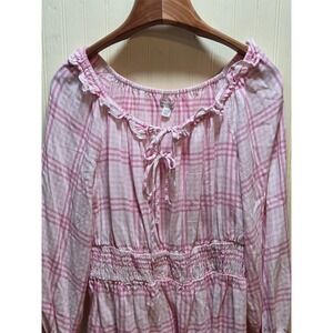 Cato Shirt Womens 14/16W Pink Plaid Ruffle Scoop Neck Long Sleeve Tunic Top